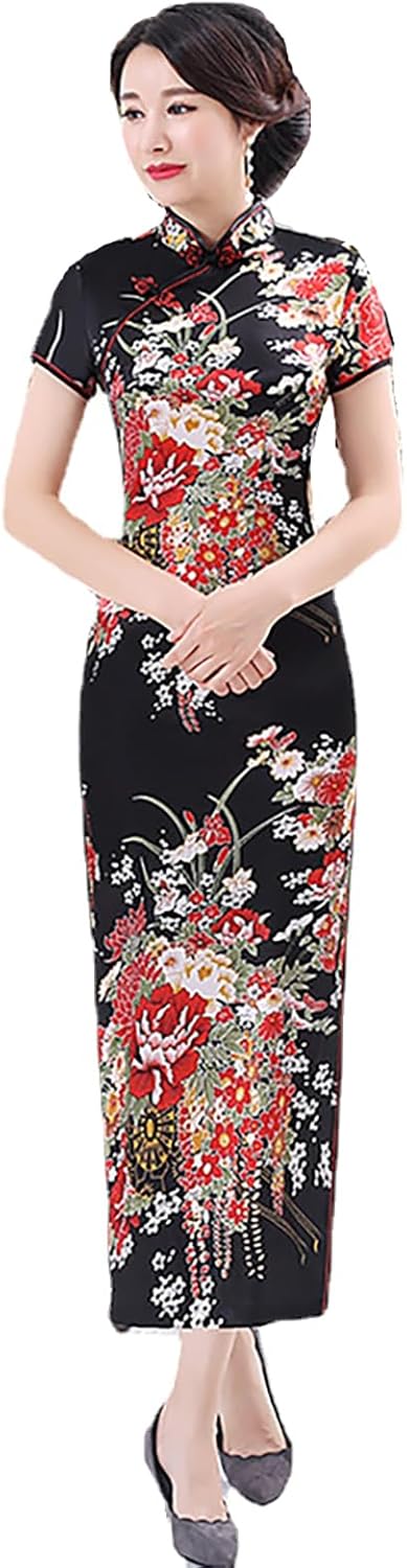 Chinese Style Dress Improves Cheongsam Temperament, Retro Long Silk Printed Daily Banquet Women's Performance Clothing