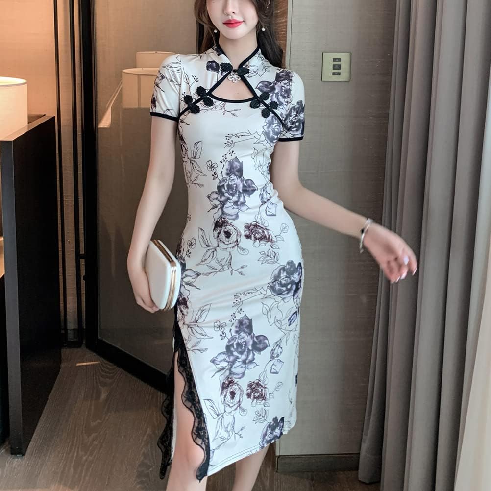 Women's Modern Cheongsam Midi Dress Short Sleeve Lace Trim Chinese Qipao Mandarin Collar High Split Bodycon Dress