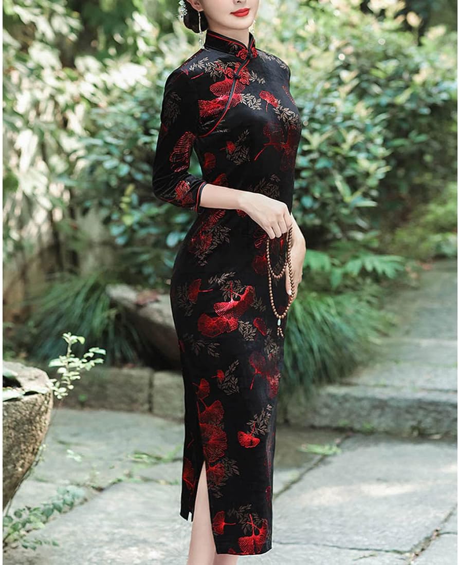 BooW Women's Elegant Velvet Cheongsam Qipao Dress Chinese Mandarin Collar Side Slit Maxi Dress