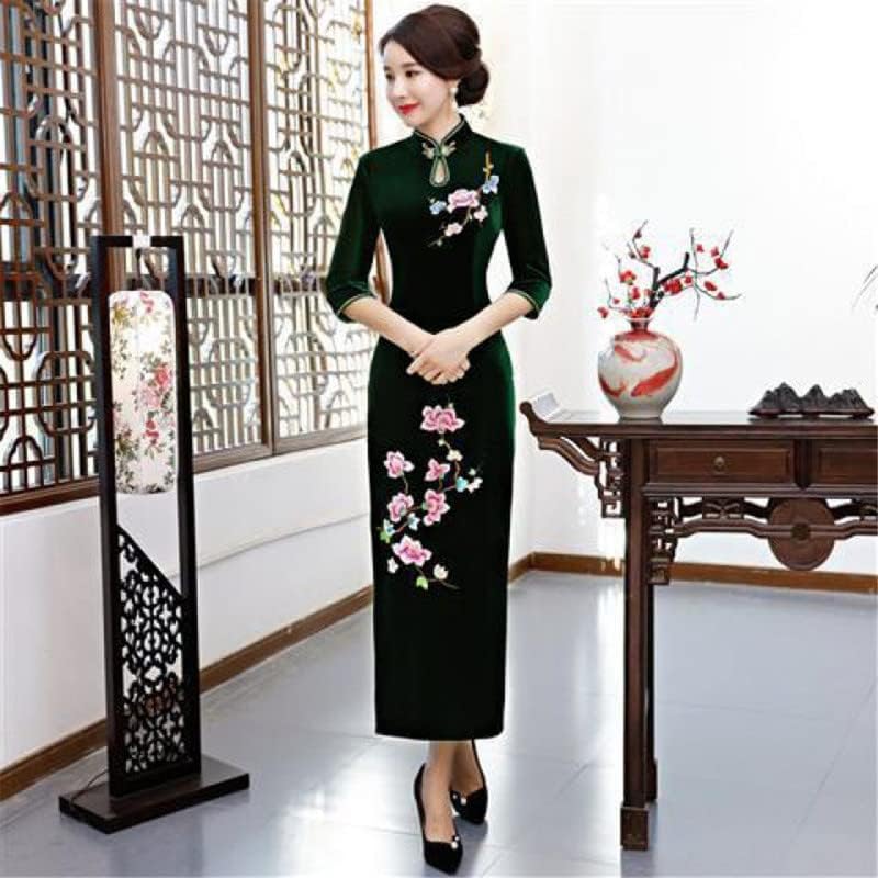 Shanghai Story Peacock Floral Embroidery Velvet Long Cheongsam Qipao Dress