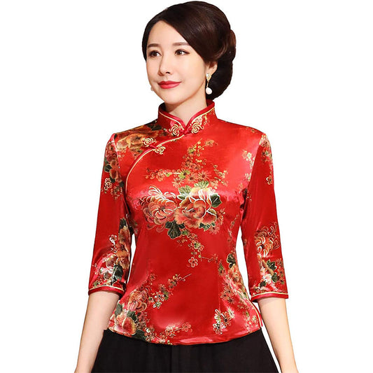 Shanghai Story Chinese Cheongsam Shirt 3/4 Sleeve Velvet Chinese Blouse for Women