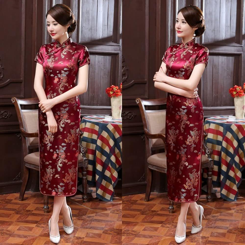 Women Dress Cheongsam Chinese Qipao Short Sleeve Maxi Slim Fit Evening Club Mandarin Collar Floral Side Slit Bodycon