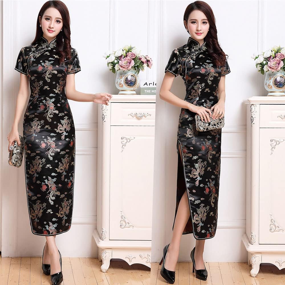 Women Cheongsam Long Dress Evening Short Sleeve Slim Fit Maxi Dress Floral Faux Silk Stand Collar Bodycon Qipao