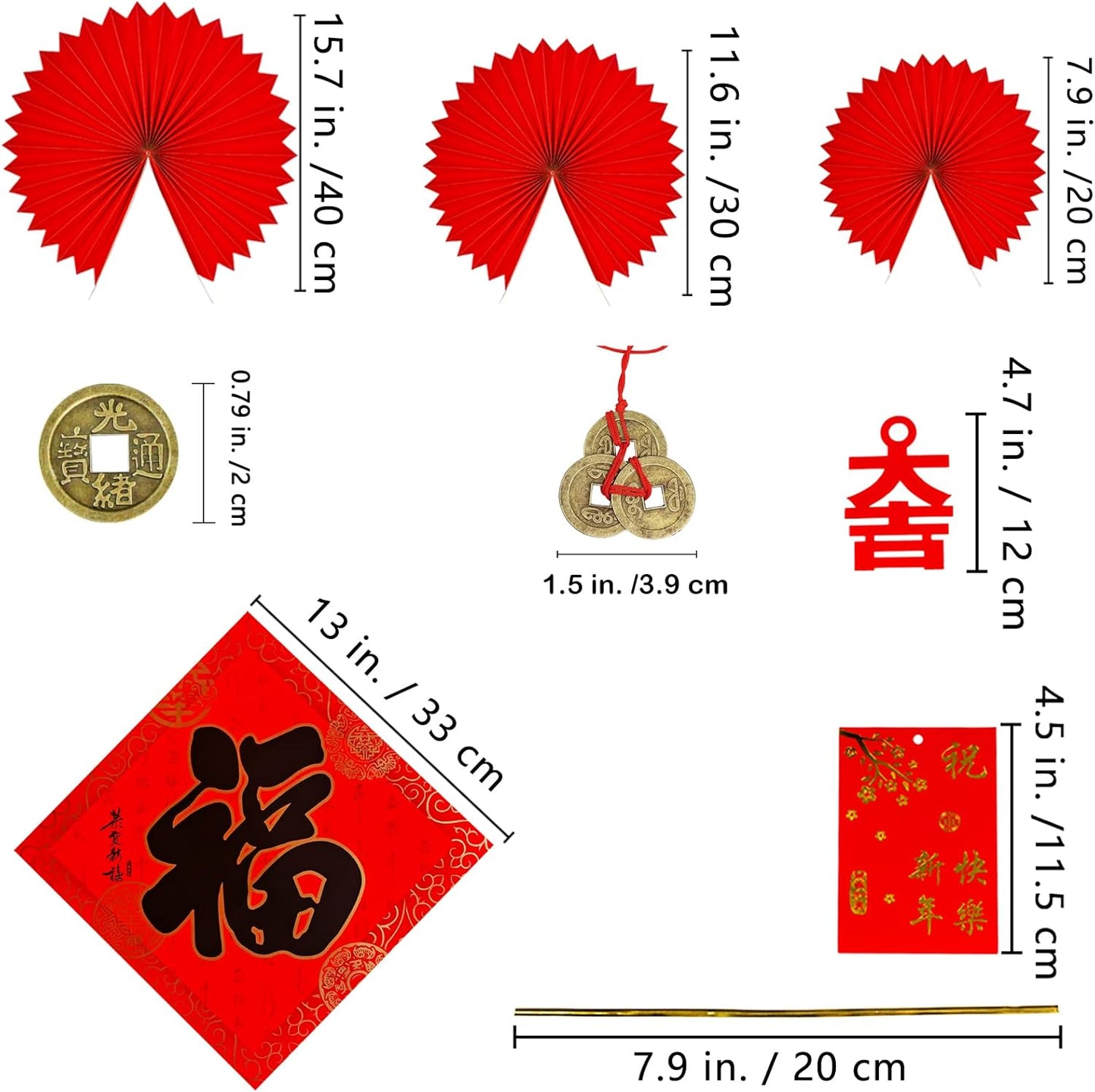 Winlyn Chinese New Year Party Decorations Red Lanterns Paper Fans Red Envelopes Hong Bao Coins Oriental Lucky Garland Chinese Knot Tassel FU Character Paper Cutting for Asian Lunar New Year 2025 Decor