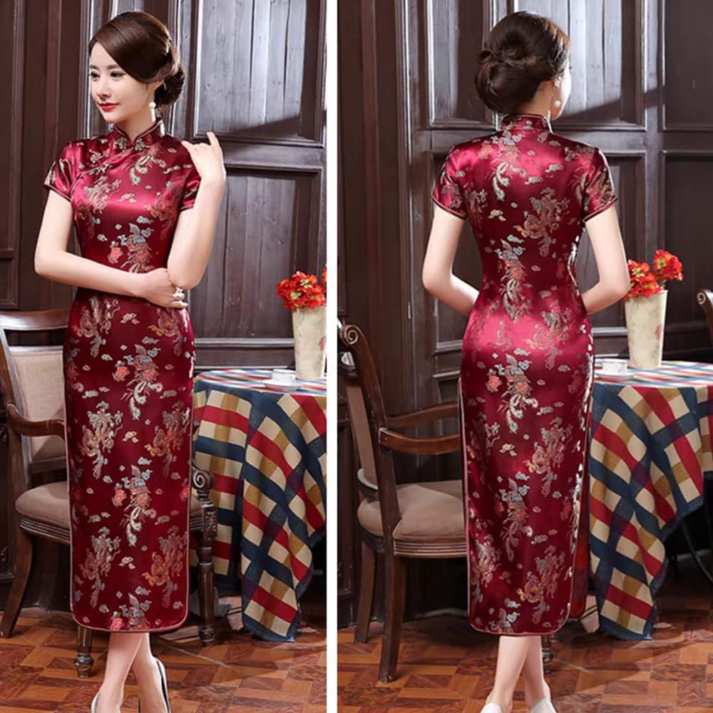 Women Dress Cheongsam Chinese Qipao Short Sleeve Maxi Slim Fit Evening Club Mandarin Collar Floral Side Slit Bodycon