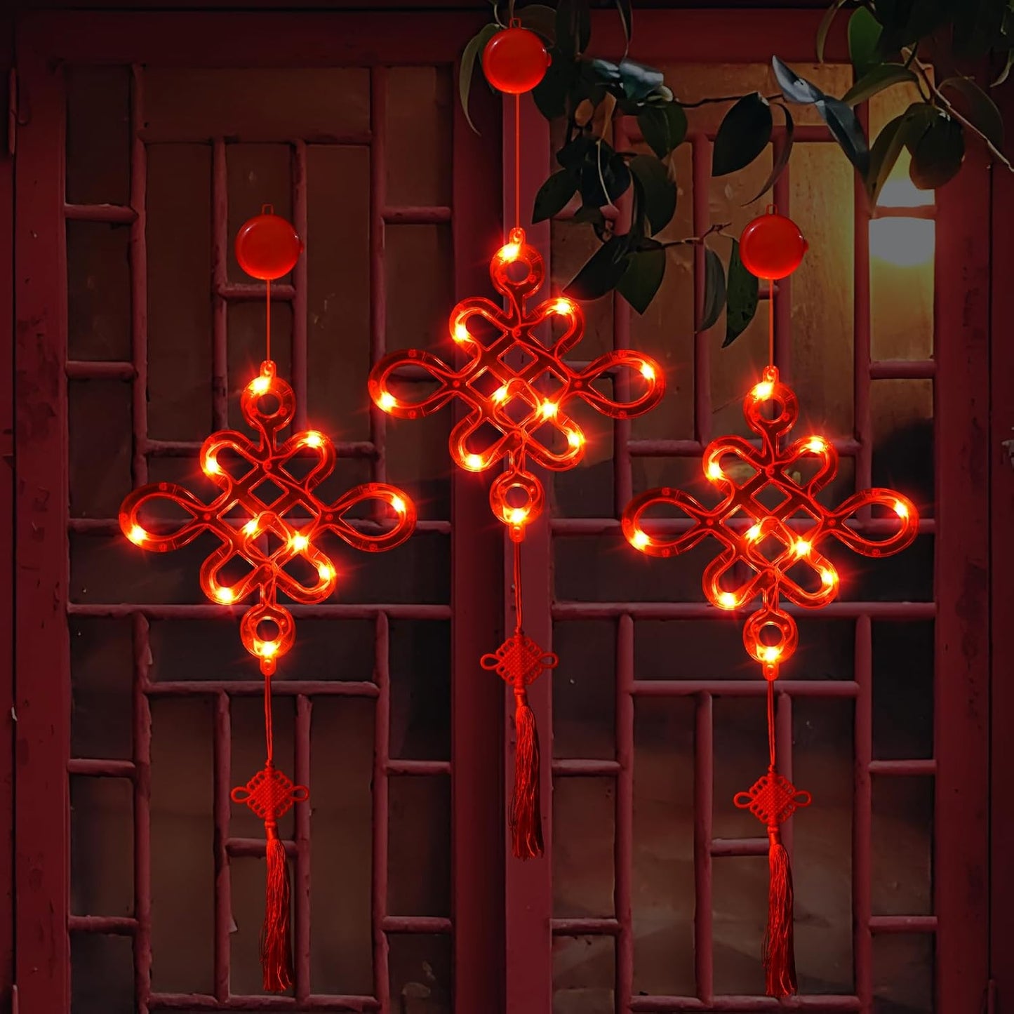 LOLStar Chinese New Year Decorations 2025, Lunar New Year Window Lights, 3 Pack Chinese Knot Battery Operated Hanging Light with Suction Cup for Chinese Lunar New Year Spring Festival Home Decor