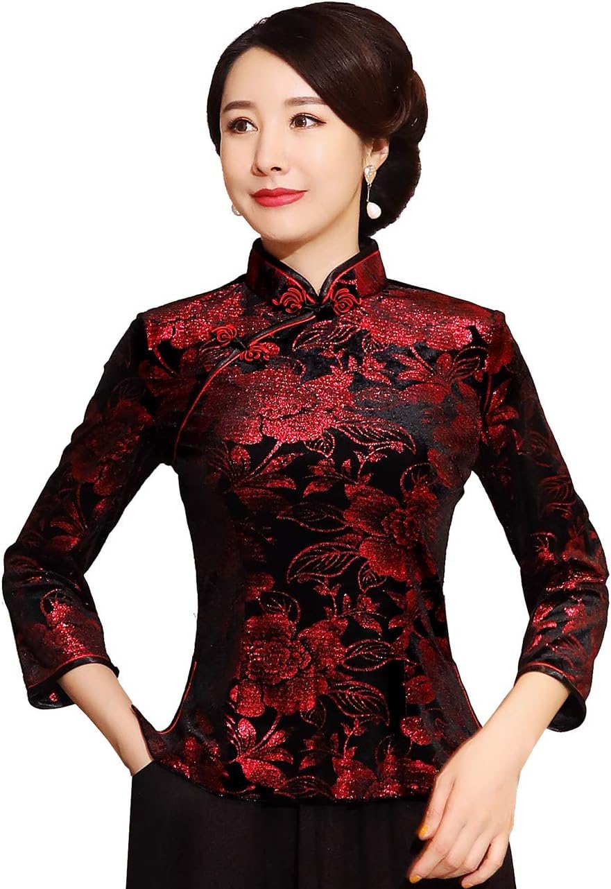 Shanghai Story Chinese Cheongsam Shirt 3/4 Sleeve Velvet Chinese Blouse for Women