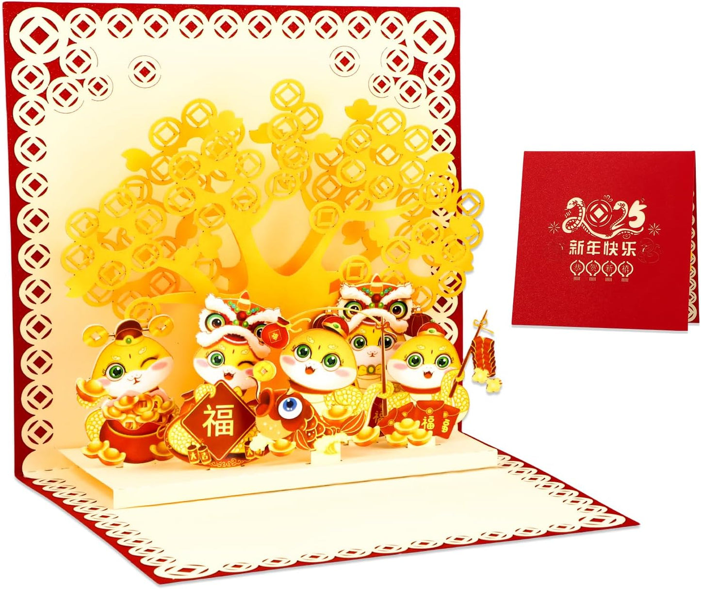 WhatSign Chinese New Years Cards 2025-3D Pop Up Cards Year of The Snake Greeting Cards Lunar New Year Cards for Kids Family Friends Spring Festival Happy Chinese New Year Gifts Cards with Envelope