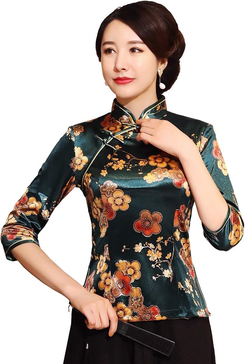 Shanghai Story Chinese Cheongsam Shirt 3/4 Sleeve Velvet Chinese Blouse for Women