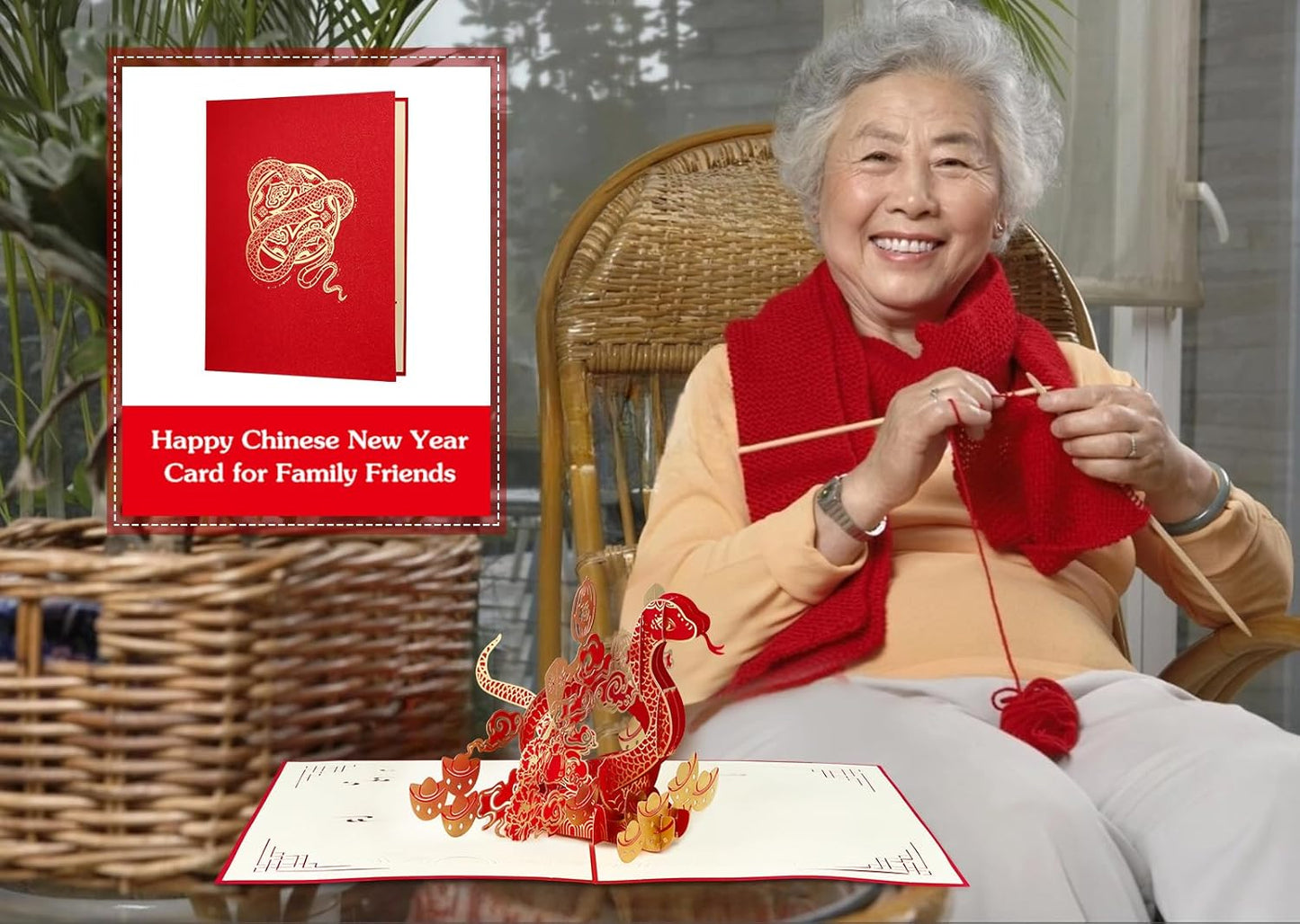 WhatSign Chinese New Years Cards 2025-3D Pop Up Cards Year of The Snake Greeting Cards Lunar New Year Cards for Kids Family Friends Spring Festival Happy Chinese New Year Gifts Cards with Envelope