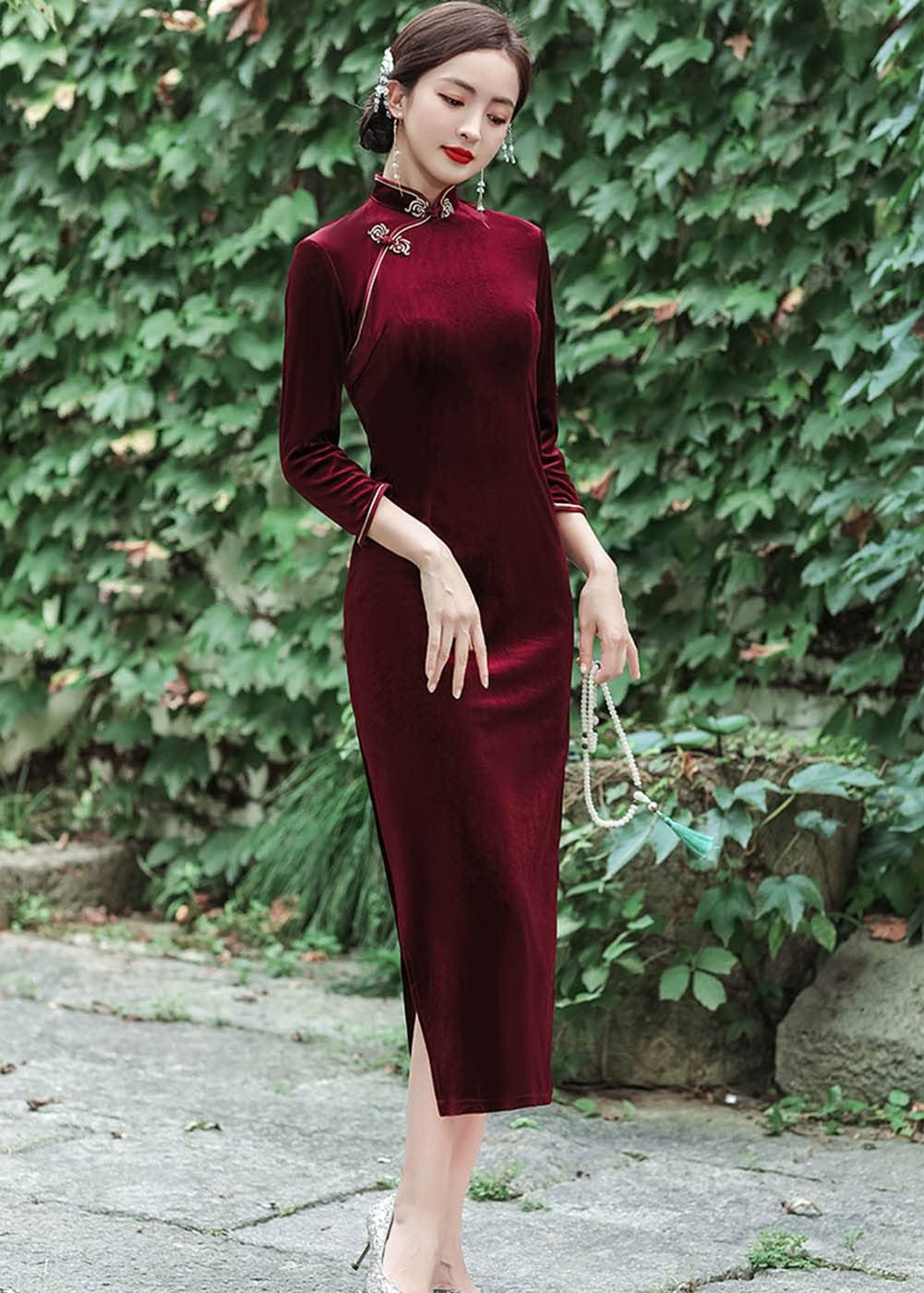 Chinese Traditional Velour Cheongsam Maxi Dress Elegant Women Long Sleeve Side Slit Slim Fit Qipao Party Dress