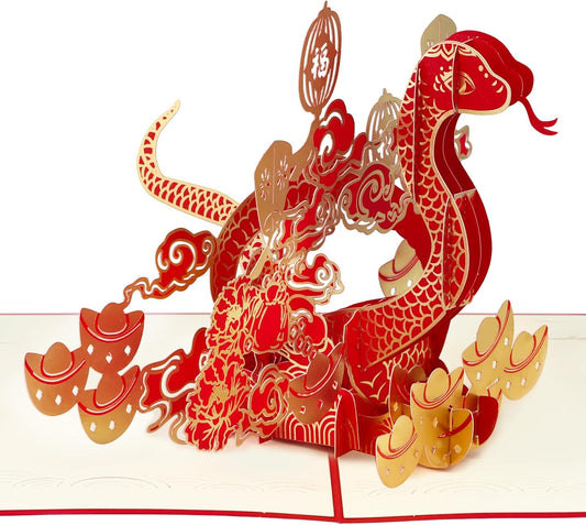 WhatSign Chinese New Years Cards 2025-3D Pop Up Cards Year of The Snake Greeting Cards Lunar New Year Cards for Kids Family Friends Spring Festival Happy Chinese New Year Gifts Cards with Envelope