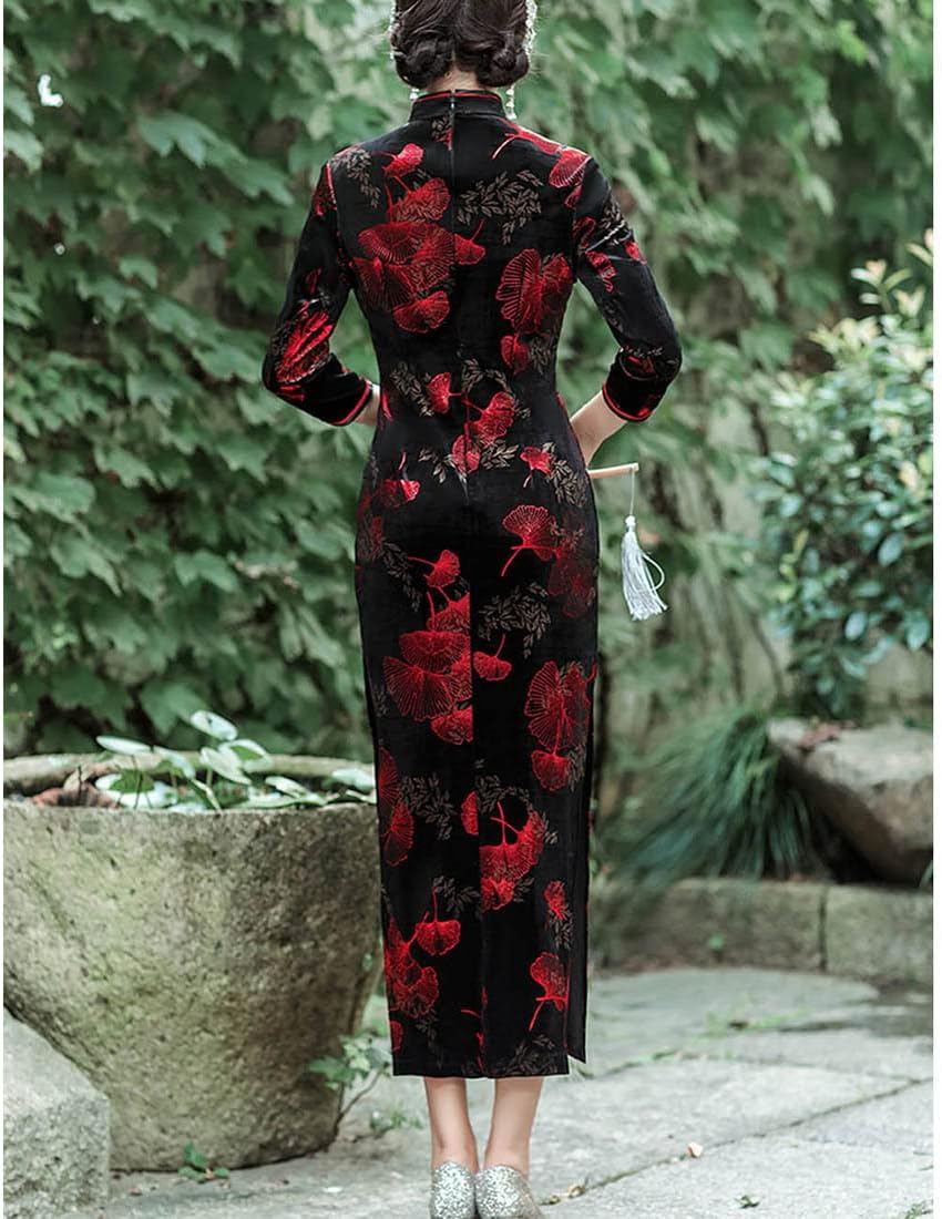 BooW Women's Elegant Velvet Cheongsam Qipao Dress Chinese Mandarin Collar Side Slit Maxi Dress