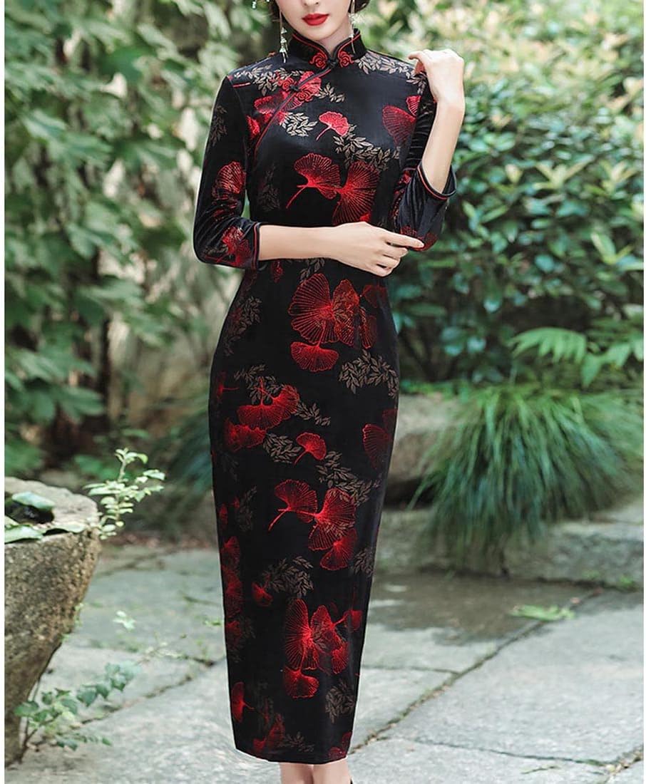 BooW Women's Elegant Velvet Cheongsam Qipao Dress Chinese Mandarin Collar Side Slit Maxi Dress