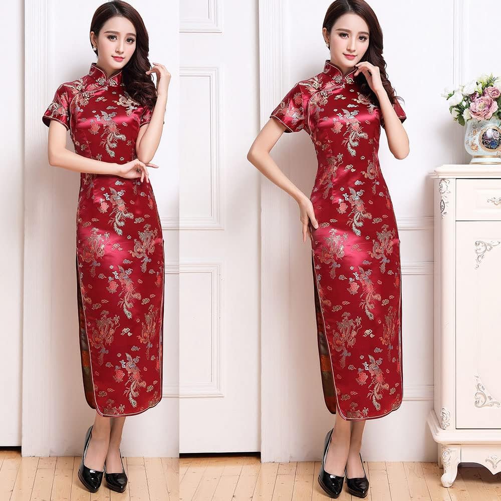 Women Dress Cheongsam Chinese Qipao Short Sleeve Maxi Slim Fit Evening Club Mandarin Collar Floral Side Slit Bodycon