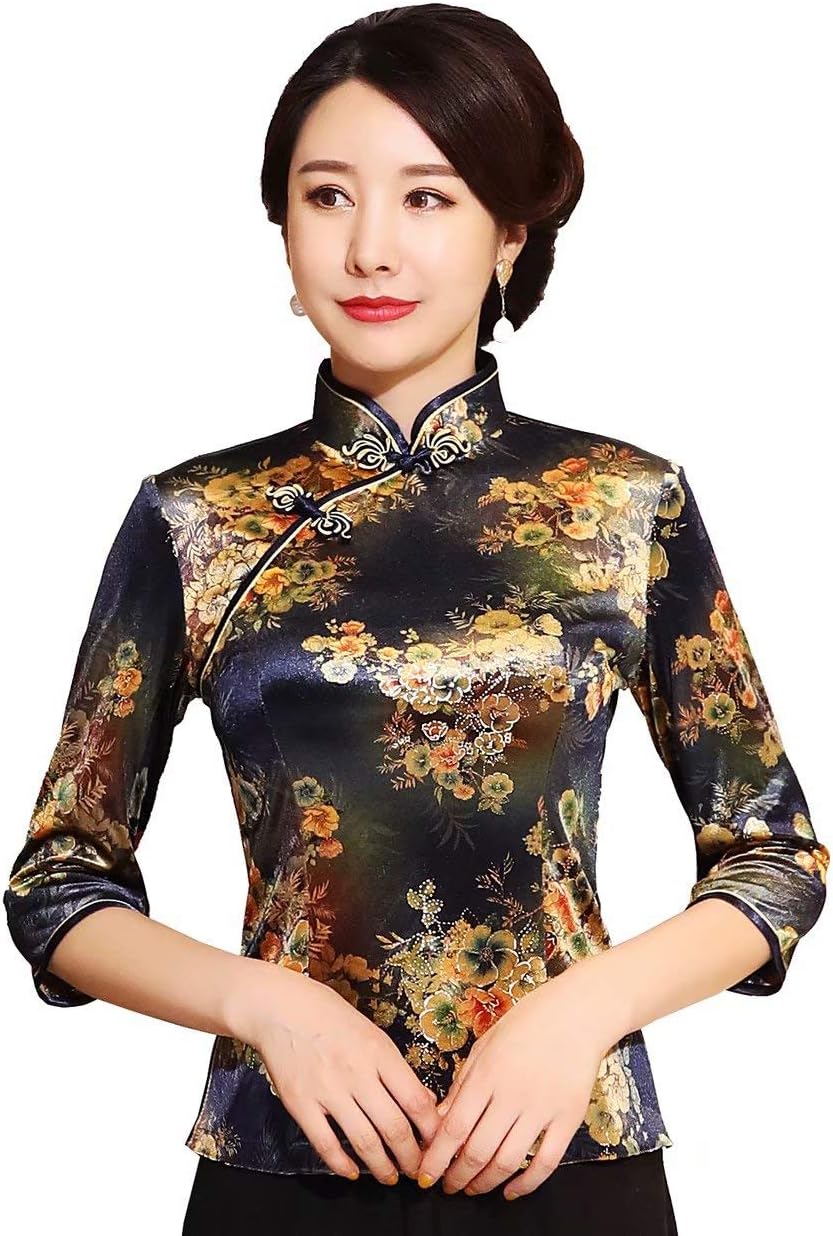 Shanghai Story Chinese Cheongsam Shirt 3/4 Sleeve Velvet Chinese Blouse for Women