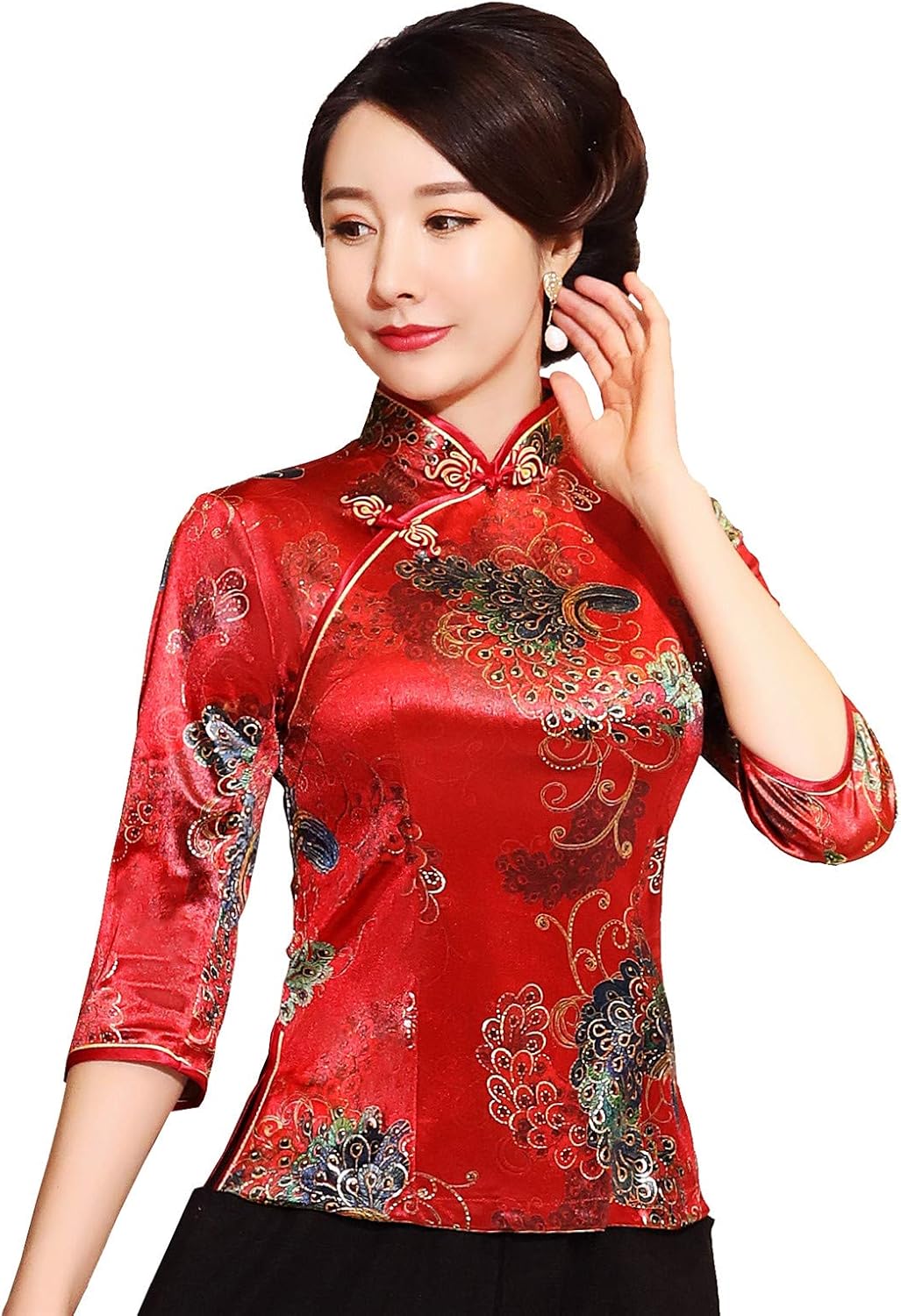 Shanghai Story Chinese Cheongsam Shirt 3/4 Sleeve Velvet Chinese Blouse for Women