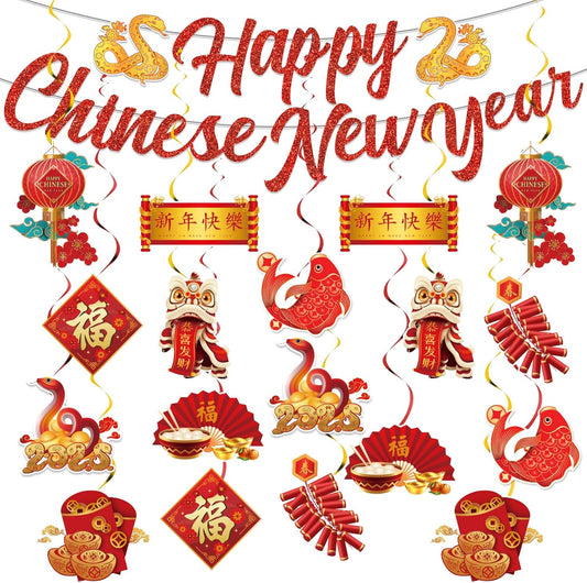 Chinese New Year Decorations 2025, 19Pcs Lunar New Year Decorations Spring Festival Hanging Swirls,Chinese Snake Decorations Red Ceiling Hanging Supplies for Chinese New Year 2025 Snake Party