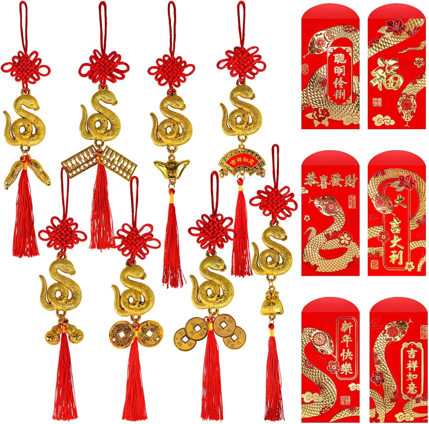 Winlyn 24 Pcs Chinese Lunar New Year Good Luck Fortune Ornaments Decorations Red Chinese Knot Tassel Ornaments and 24 Pcs Red Envelopes for Wealth Health Success Oriental Asian 2025 Year of The Snake