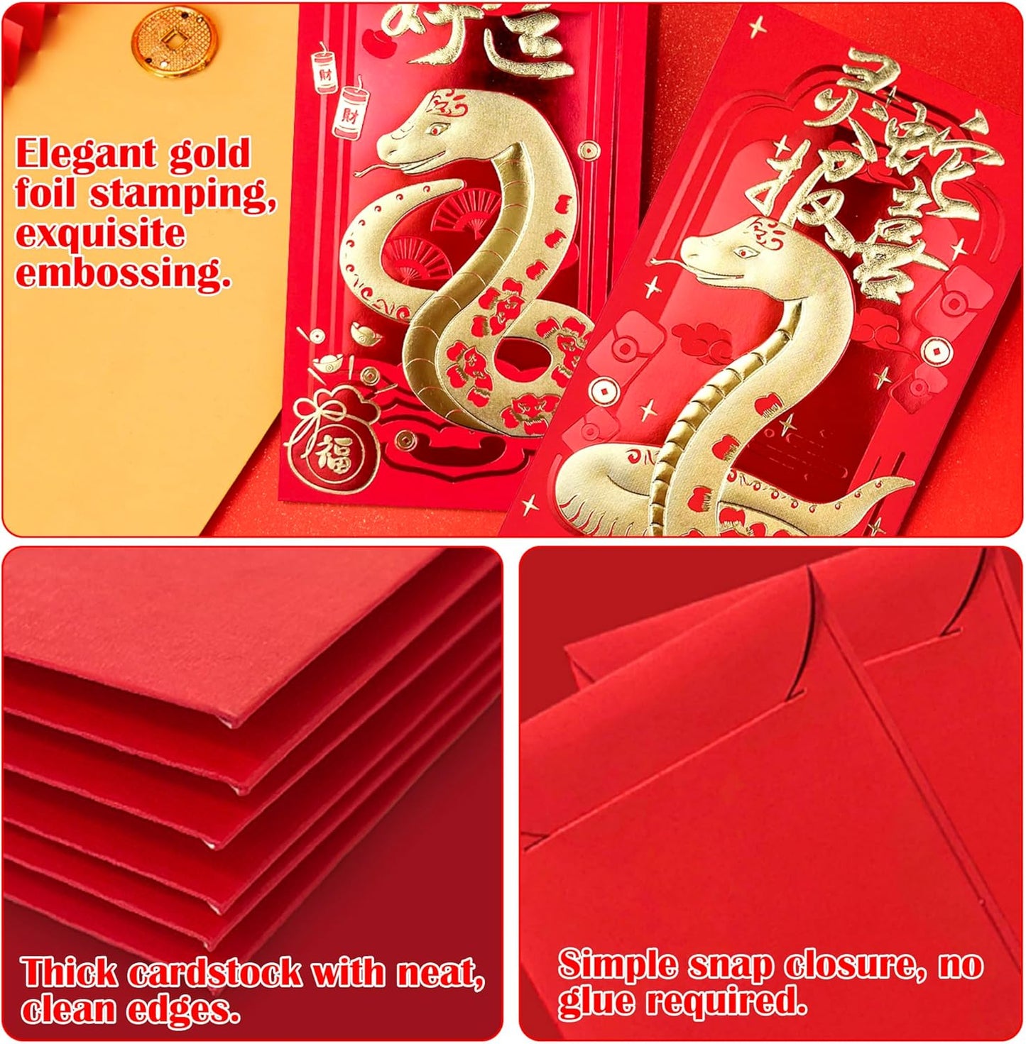 OHOME Chinese New Year Red Envelopes - 2025 New Years Eve Party Supplies | New Years Decorations - Lunar New Year Envelopes | Chinese New Year Gifts - Lunar New Year Gifts | Red Envelope Snake,24PCS