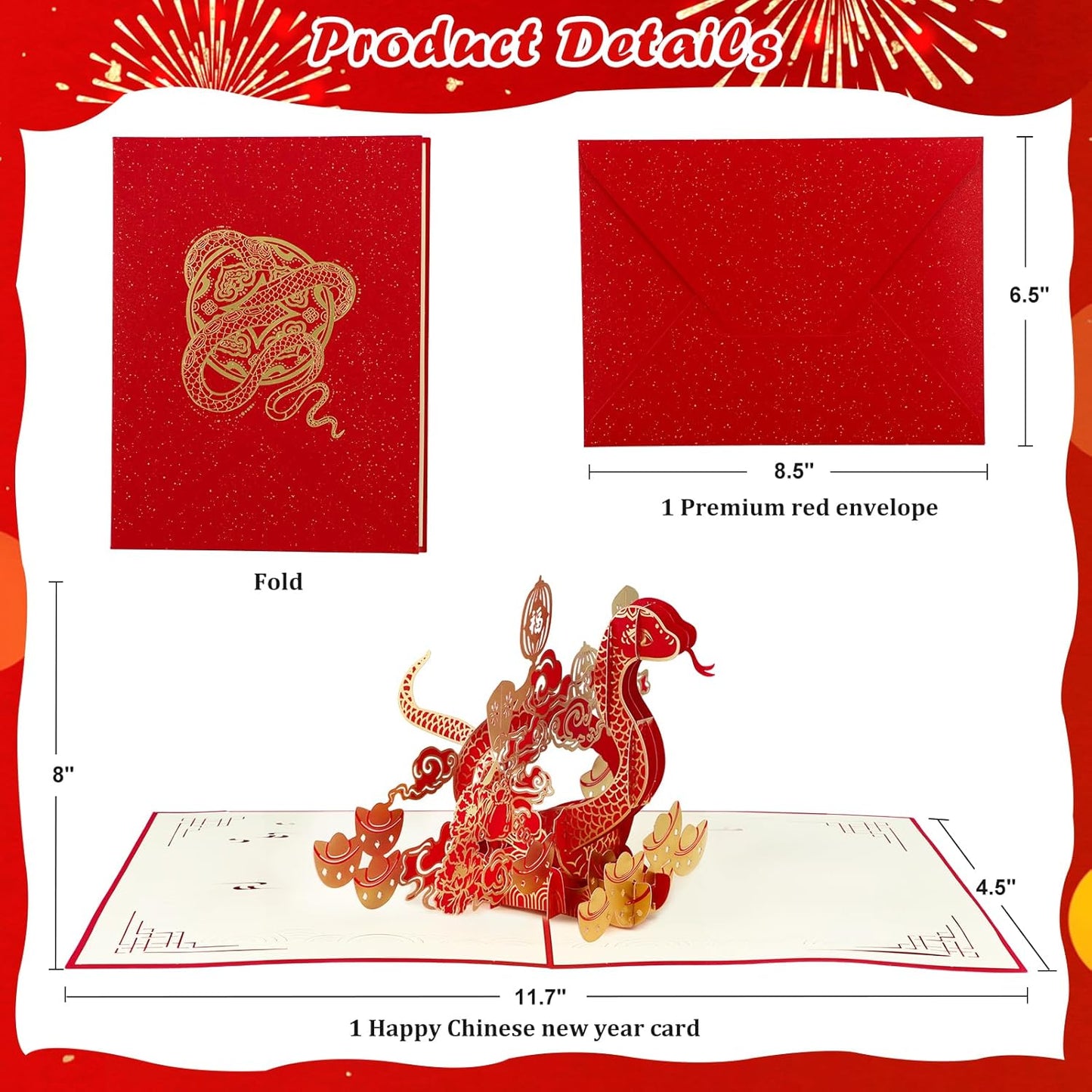 WhatSign Chinese New Years Cards 2025-3D Pop Up Cards Year of The Snake Greeting Cards Lunar New Year Cards for Kids Family Friends Spring Festival Happy Chinese New Year Gifts Cards with Envelope