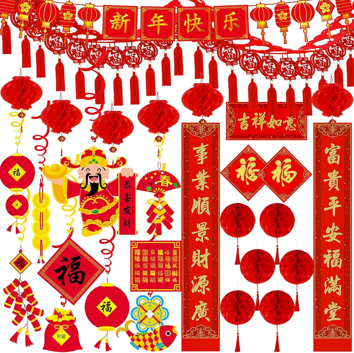 Winlyn Bulk Chinese New Year Party Decorations Oriental Hanging Red Lanterns Lucky Garland Party Swirls New Year Banner Honeycomb Balls for Asian Lunar New Year Snake Year Festival Wedding 2025 Decor