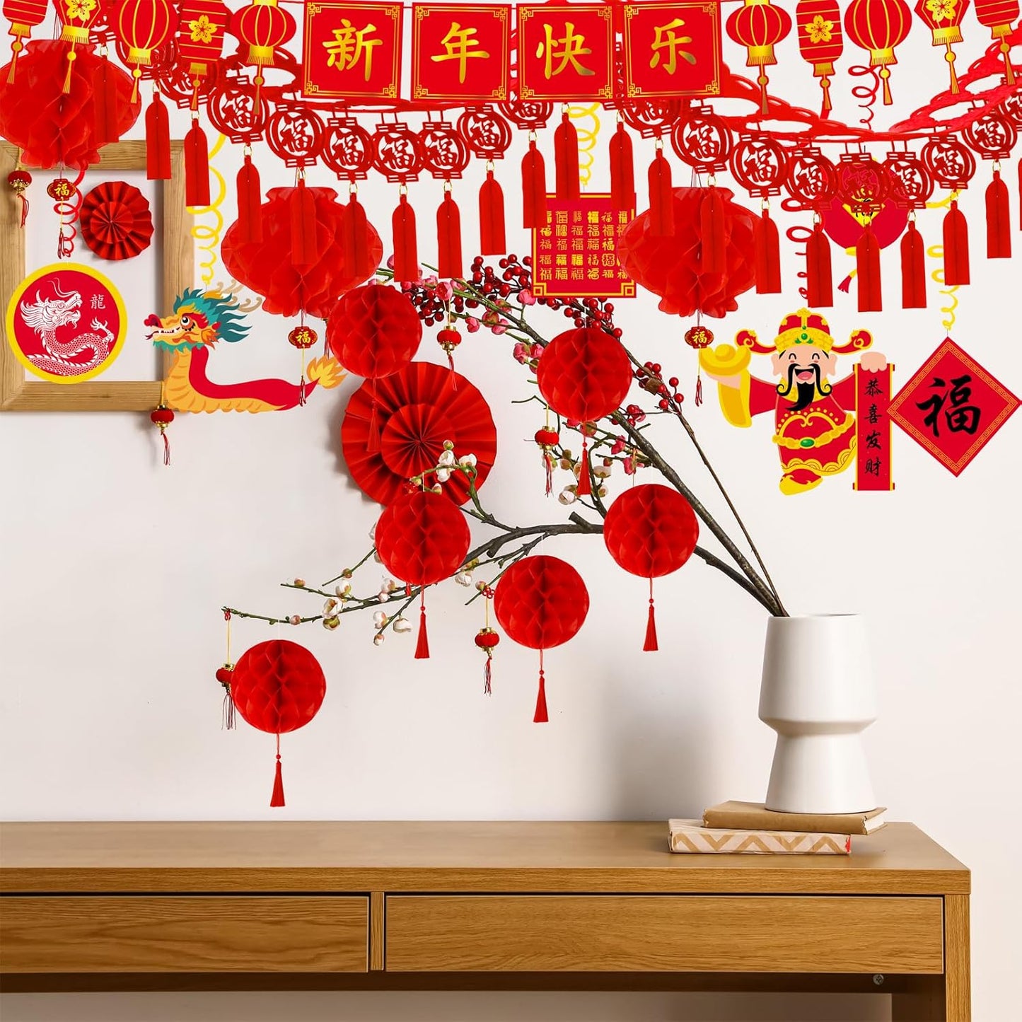 Winlyn Bulk Chinese New Year Party Decorations Oriental Hanging Red Lanterns Lucky Garland Party Swirls New Year Banner Honeycomb Balls for Asian Lunar New Year Snake Year Festival Wedding 2025 Decor