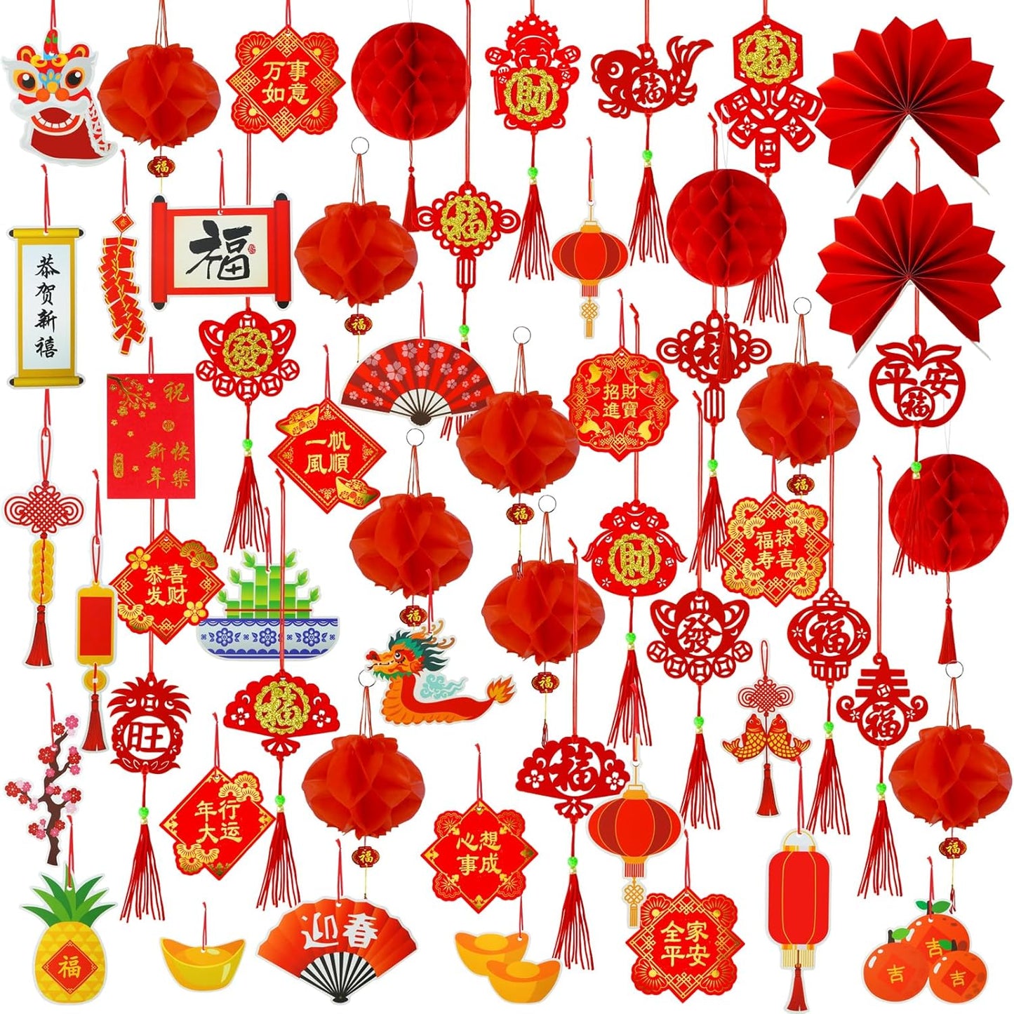 Winlyn 161 Pcs Chinese New Year Decorations Chinese Hanging Good Luck Ornaments Red Lanterns Festive Tree Ornaments Paper Fans for Asian Chinese Lunar New Year 2025 Year of The Snake Party Decor