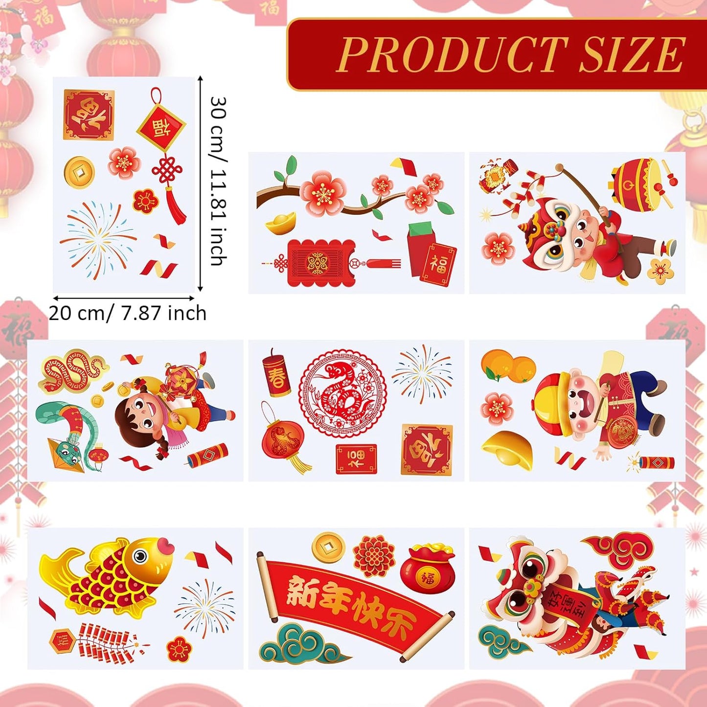 Chinco 9 Sheets Chinese New Year Window Clings Removable Lunar New Year Stickers Ornaments Red Paper-Cut Flowers Lantern Clings Chinese Fu Character Wall Decals for Spring Festival(Snake)