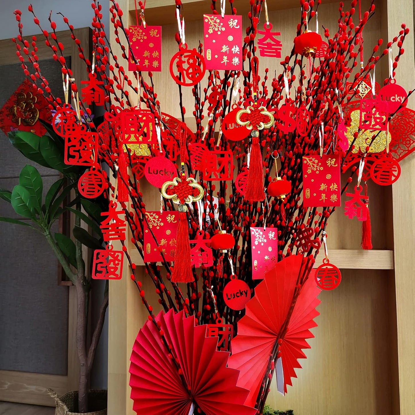 Winlyn Chinese New Year Party Decorations Red Lanterns Paper Fans Red Envelopes Hong Bao Coins Oriental Lucky Garland Chinese Knot Tassel FU Character Paper Cutting for Asian Lunar New Year 2025 Decor