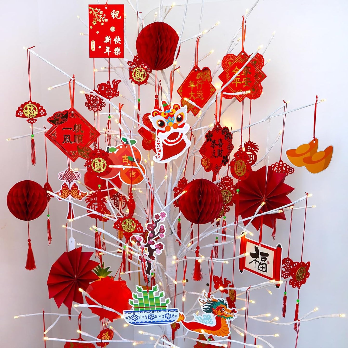 Winlyn 161 Pcs Chinese New Year Decorations Chinese Hanging Good Luck Ornaments Red Lanterns Festive Tree Ornaments Paper Fans for Asian Chinese Lunar New Year 2025 Year of The Snake Party Decor