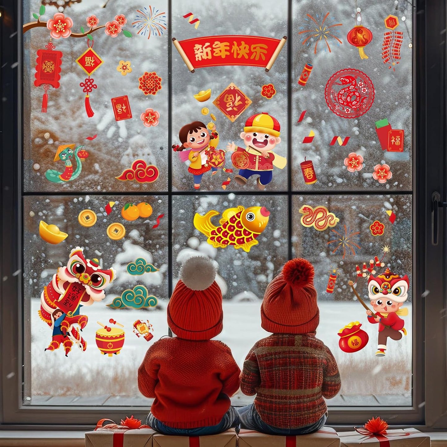 Chinco 9 Sheets Chinese New Year Window Clings Removable Lunar New Year Stickers Ornaments Red Paper-Cut Flowers Lantern Clings Chinese Fu Character Wall Decals for Spring Festival(Snake)