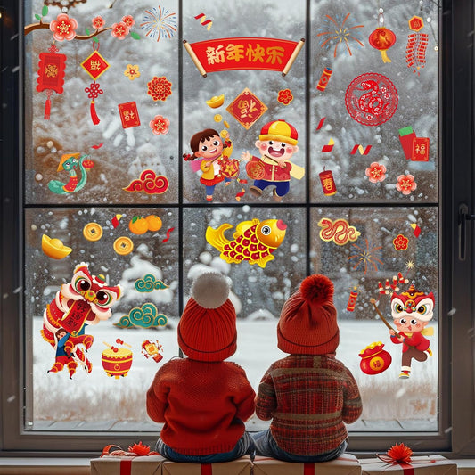 Chinco 9 Sheets Chinese New Year Window Clings Removable Lunar New Year Stickers Ornaments Red Paper-Cut Flowers Lantern Clings Chinese Fu Character Wall Decals for Spring Festival(Snake)