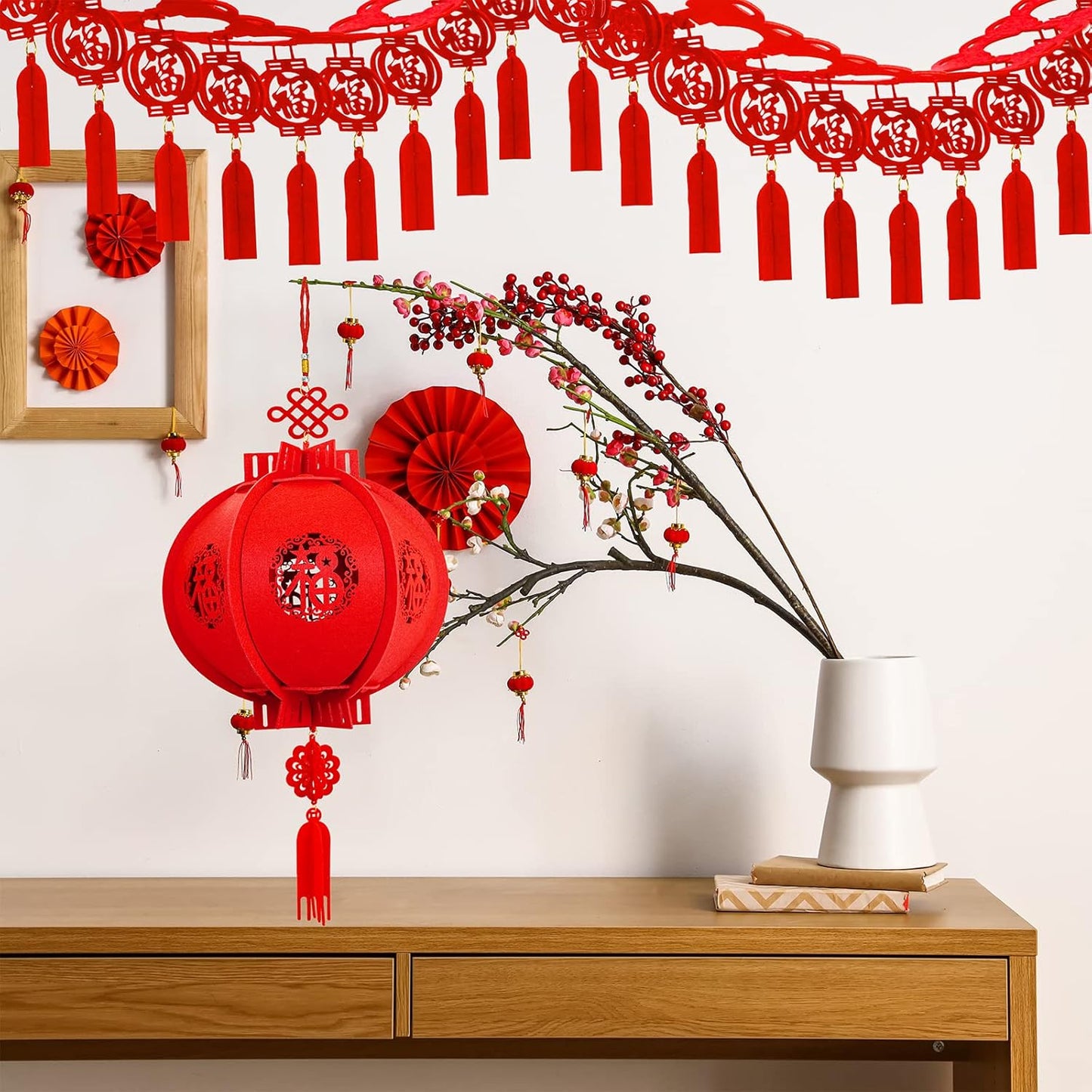 Winlyn 7 Set Chinese New Year Party Decorations Chinese Red Lanterns Lucky Garland Good Luck Garland Decorative Chinese Red Hanging Garlands for Asian Chinese Lunar New Year Spring Festival Décor