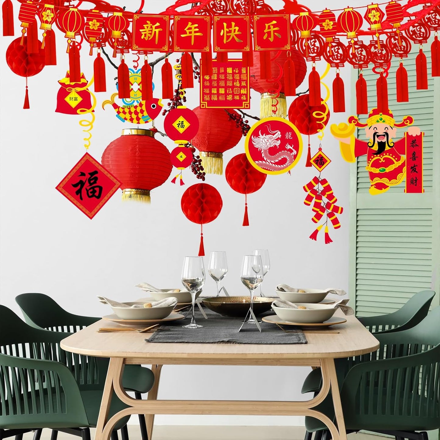 Winlyn Bulk Chinese New Year Party Decorations Oriental Hanging Red Lanterns Lucky Garland Party Swirls New Year Banner Honeycomb Balls for Asian Lunar New Year Snake Year Festival Wedding 2025 Decor