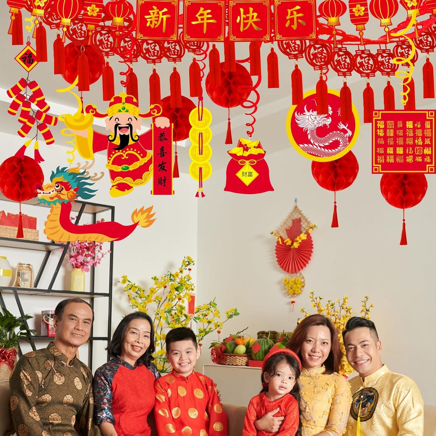 Winlyn Bulk Chinese New Year Party Decorations Oriental Hanging Red Lanterns Lucky Garland Party Swirls New Year Banner Honeycomb Balls for Asian Lunar New Year Snake Year Festival Wedding 2025 Decor