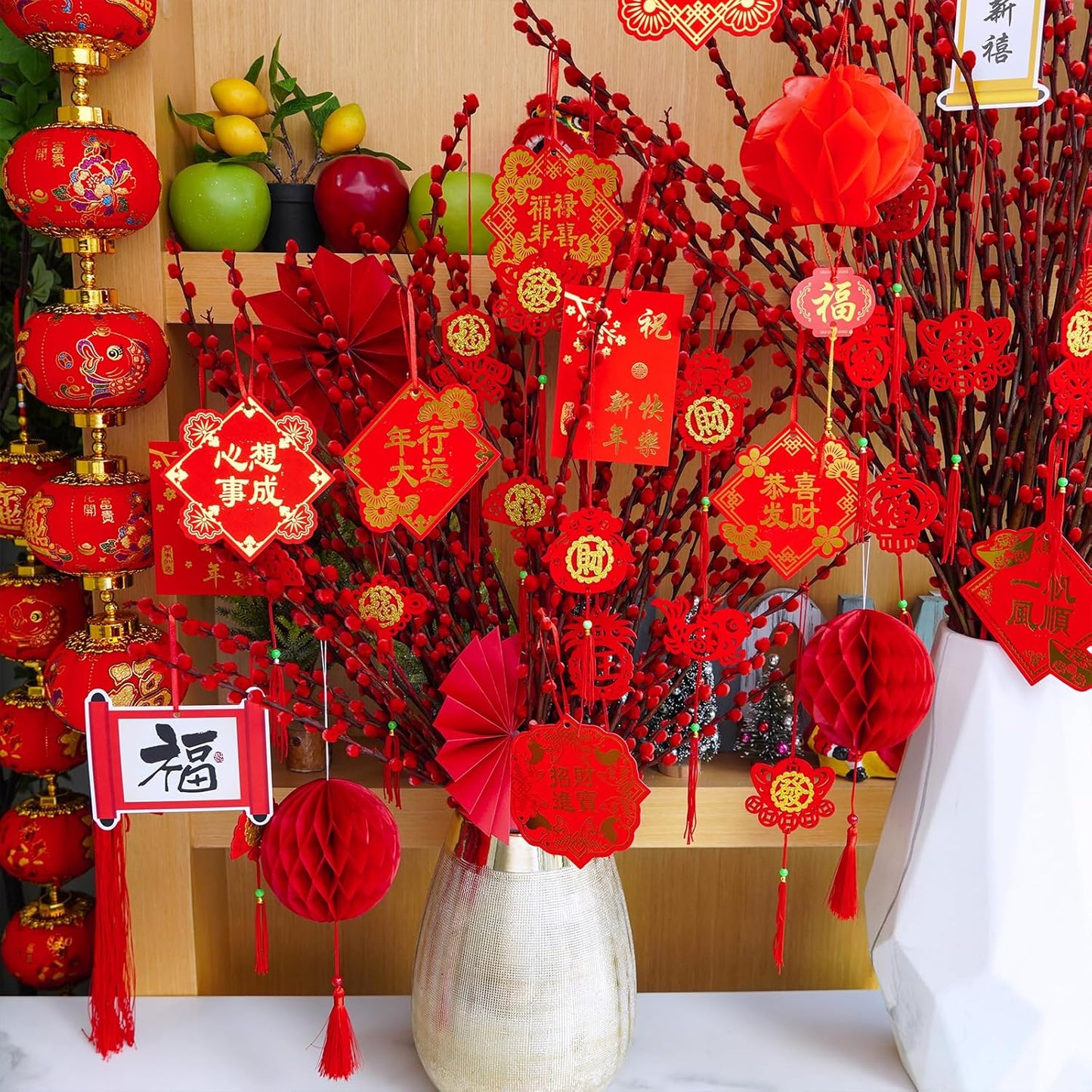 Winlyn 161 Pcs Chinese New Year Decorations Chinese Hanging Good Luck Ornaments Red Lanterns Festive Tree Ornaments Paper Fans for Asian Chinese Lunar New Year 2025 Year of The Snake Party Decor