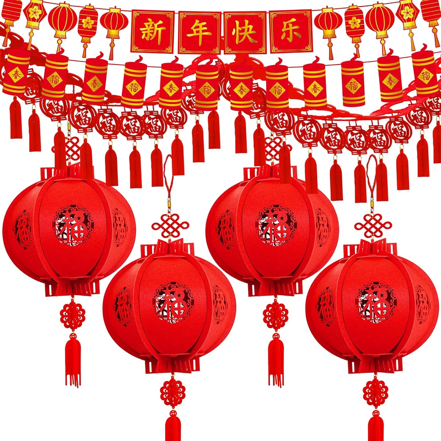 Winlyn 7 Set Chinese New Year Party Decorations Chinese Red Lanterns Lucky Garland Good Luck Garland Decorative Chinese Red Hanging Garlands for Asian Chinese Lunar New Year Spring Festival Décor