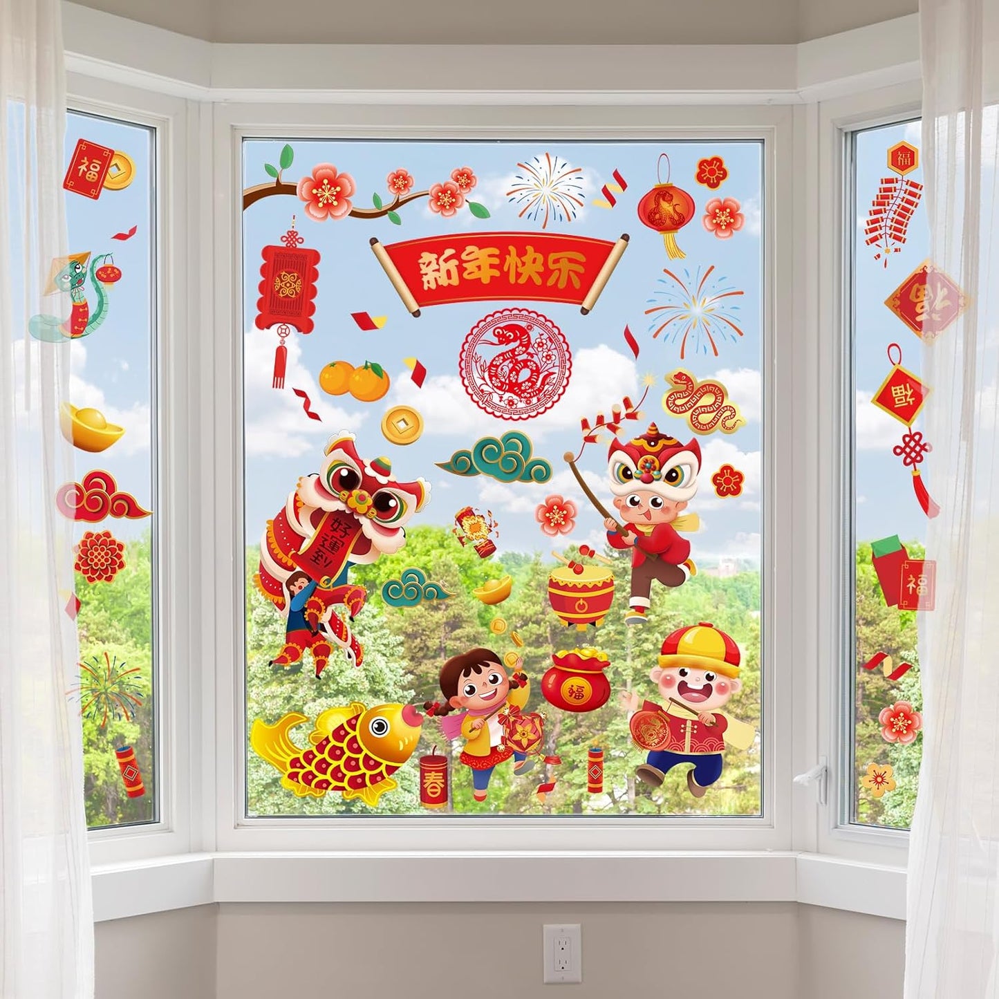 Chinco 9 Sheets Chinese New Year Window Clings Removable Lunar New Year Stickers Ornaments Red Paper-Cut Flowers Lantern Clings Chinese Fu Character Wall Decals for Spring Festival(Snake)