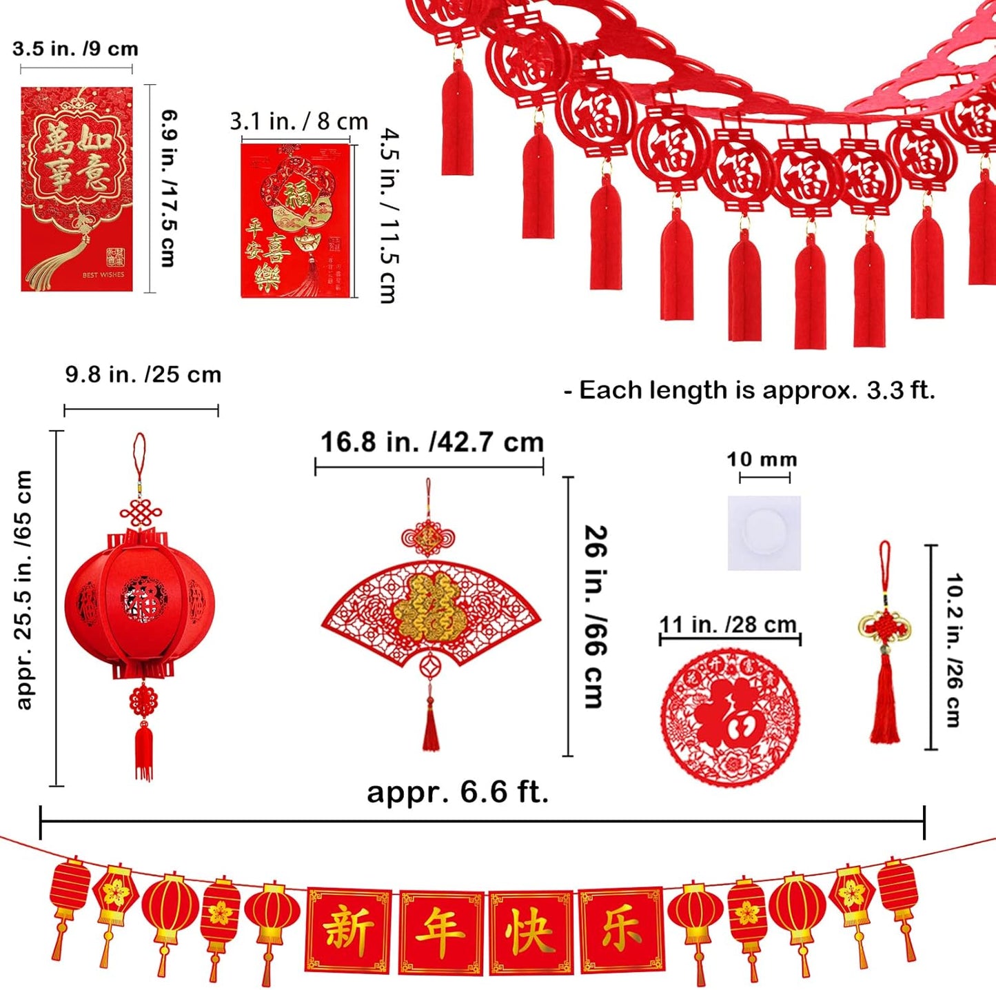 Winlyn Chinese New Year Party Decorations Red Lanterns Paper Fans Red Envelopes Hong Bao Coins Oriental Lucky Garland Chinese Knot Tassel FU Character Paper Cutting for Asian Lunar New Year 2025 Decor