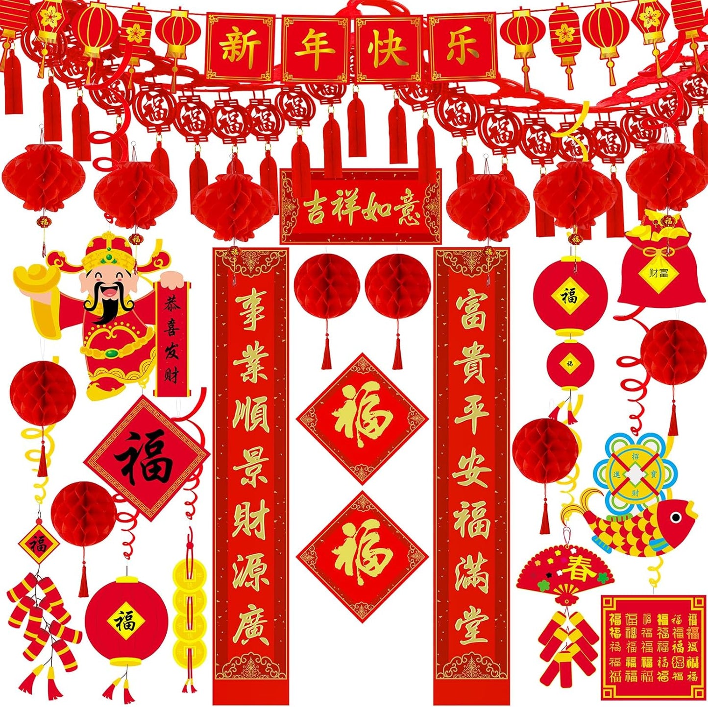 Winlyn Bulk Chinese New Year Party Decorations Oriental Hanging Red Lanterns Lucky Garland Party Swirls New Year Banner Honeycomb Balls for Asian Lunar New Year Snake Year Festival Wedding 2025 Decor