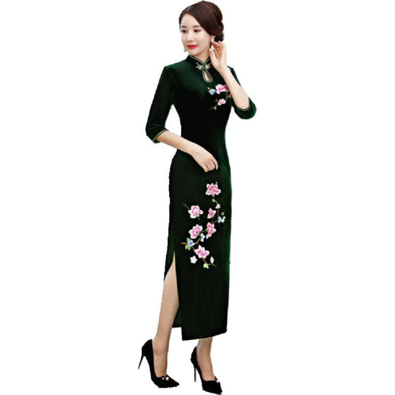 Shanghai Story Peacock Floral Embroidery Velvet Long Cheongsam Qipao Dress