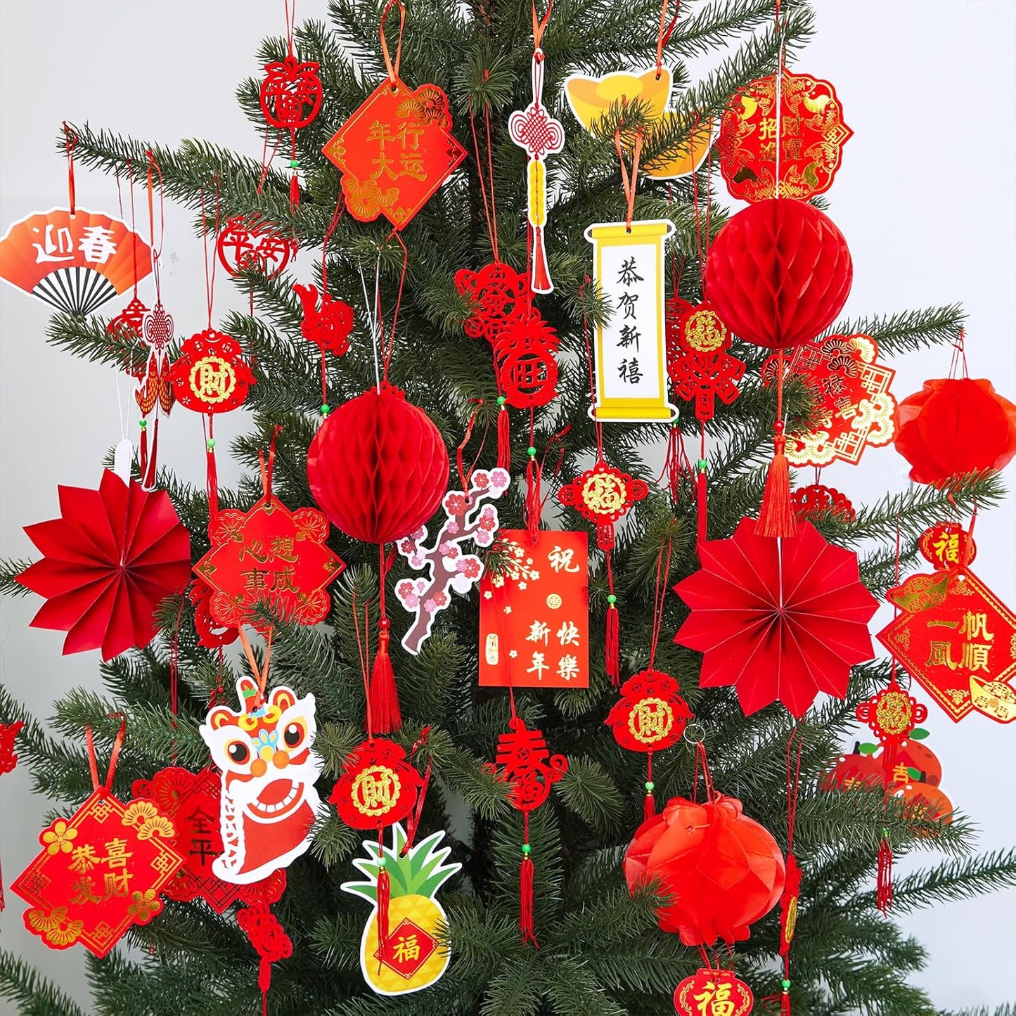 Winlyn 161 Pcs Chinese New Year Decorations Chinese Hanging Good Luck Ornaments Red Lanterns Festive Tree Ornaments Paper Fans for Asian Chinese Lunar New Year 2025 Year of The Snake Party Decor