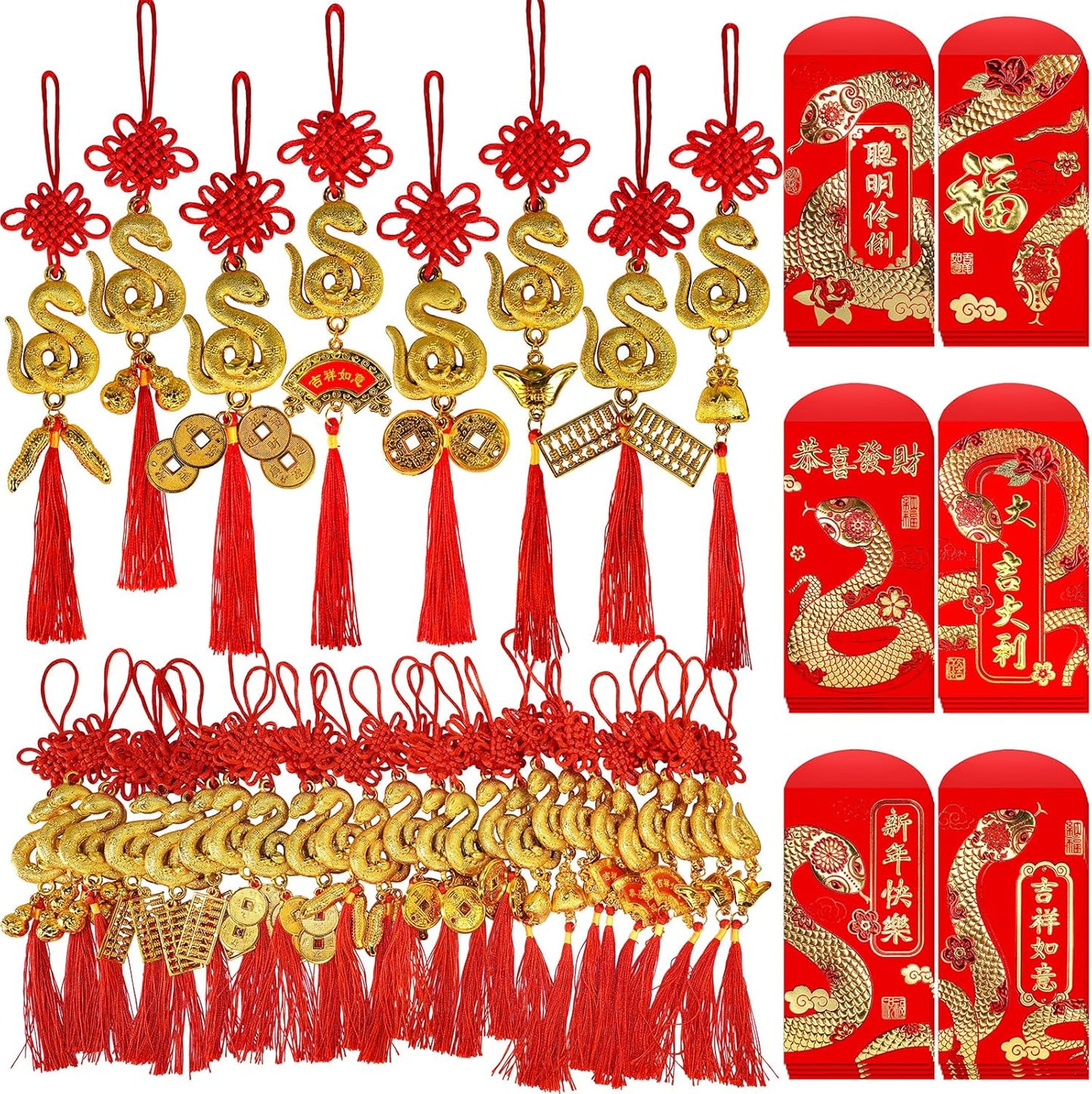 Winlyn 24 Pcs Chinese Lunar New Year Good Luck Fortune Ornaments Decorations Red Chinese Knot Tassel Ornaments and 24 Pcs Red Envelopes for Wealth Health Success Oriental Asian 2025 Year of The Snake