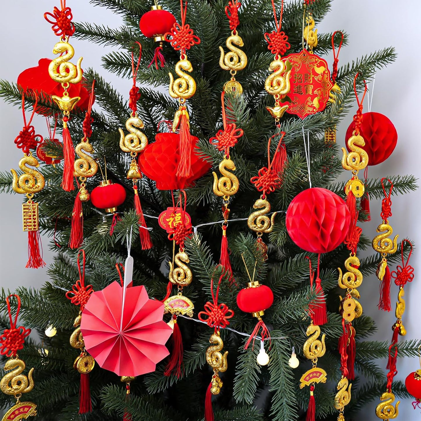 Winlyn 24 Pcs Chinese Lunar New Year Good Luck Fortune Ornaments Decorations Red Chinese Knot Tassel Ornaments and 24 Pcs Red Envelopes for Wealth Health Success Oriental Asian 2025 Year of The Snake