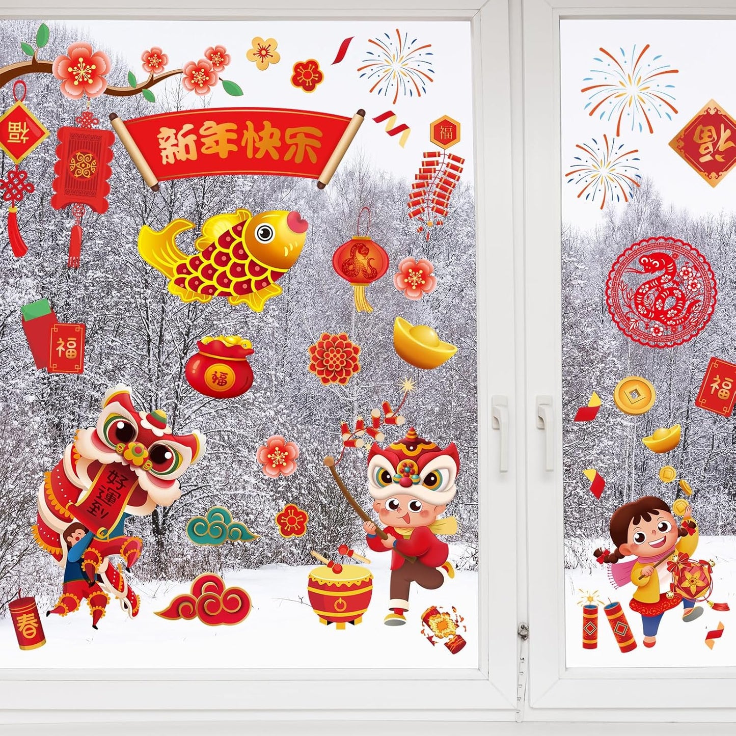 Chinco 9 Sheets Chinese New Year Window Clings Removable Lunar New Year Stickers Ornaments Red Paper-Cut Flowers Lantern Clings Chinese Fu Character Wall Decals for Spring Festival(Snake)